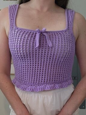 Beverly and Beck Lavender Crochet Knit Tank Top Bow Front Cottagecore Y2K